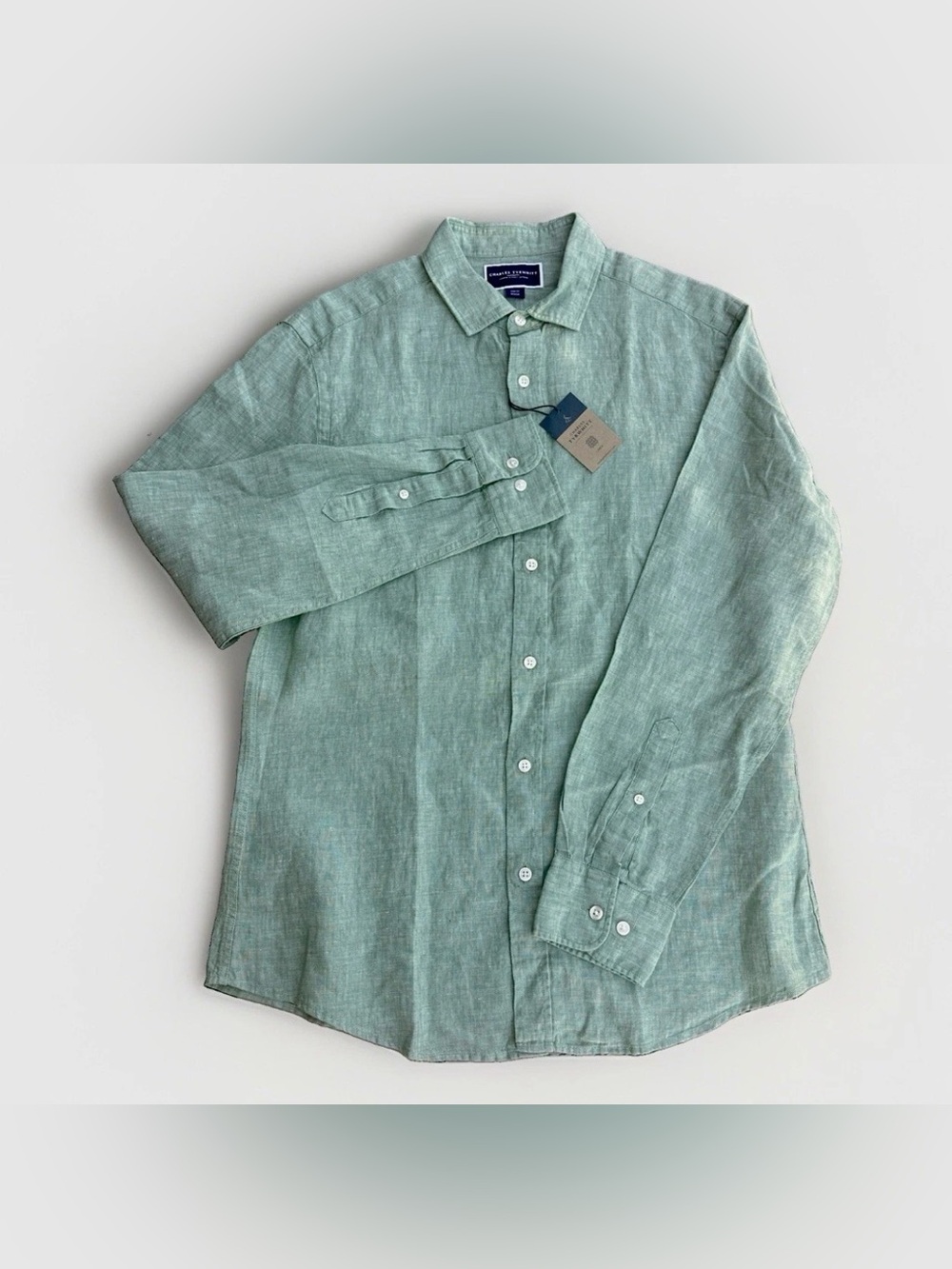 Charles Tyrwhitt Men's M 100% Linen Shirt Light Green Slim Fit Long Sleeve NWT